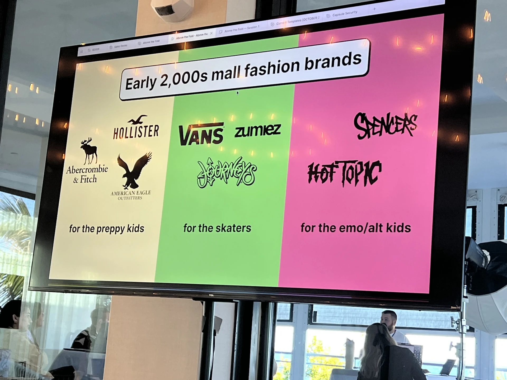 Rob Kaminski presenting on positioning with early 2000s mall fashion brands as an analogy at Above the Fold