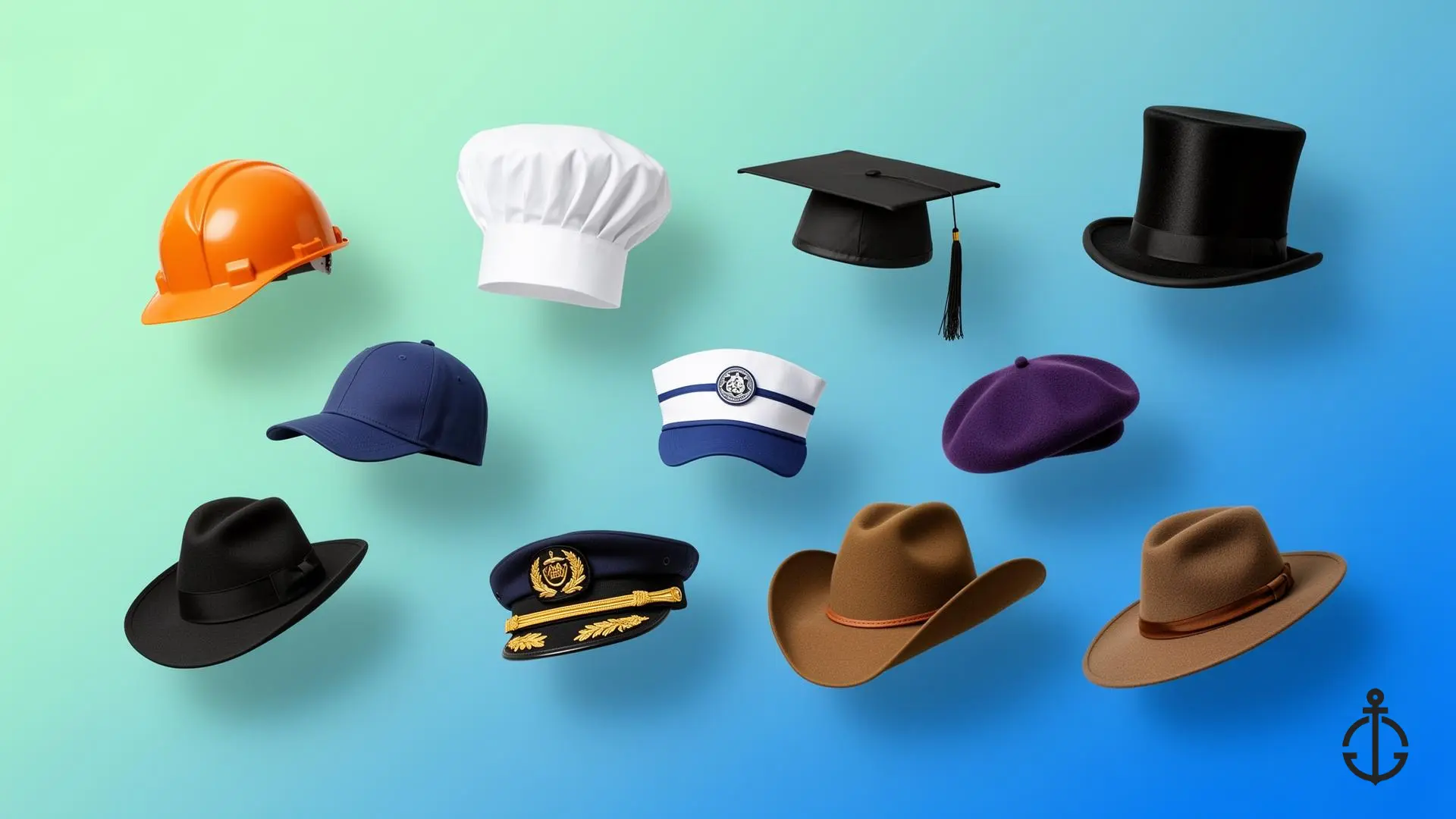Collection of diverse professional hats representing the many roles a generalist marketer wears