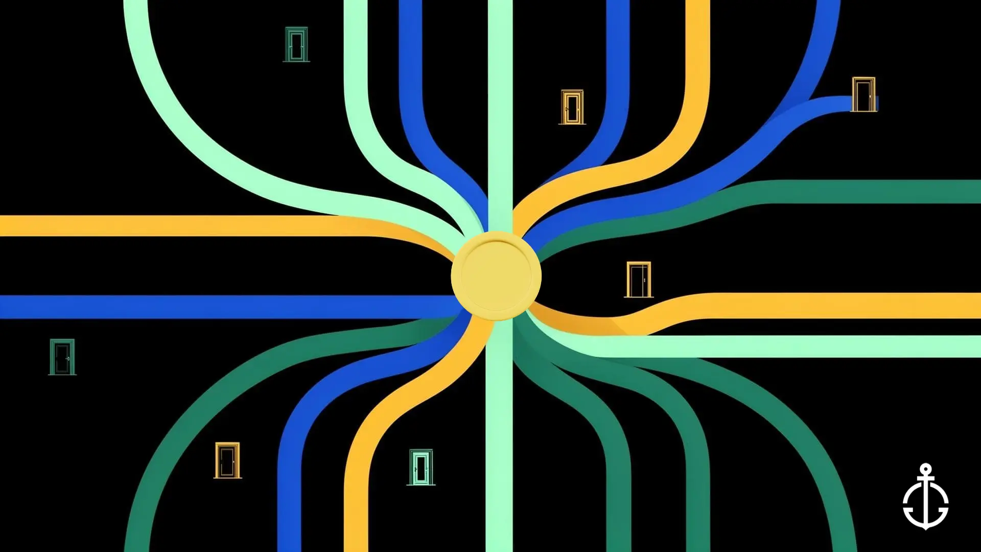 Abstract coin flip illustration with YES decision and radiating paths in mint, marigold, cobalt, and evergreen representing marketing channel choices